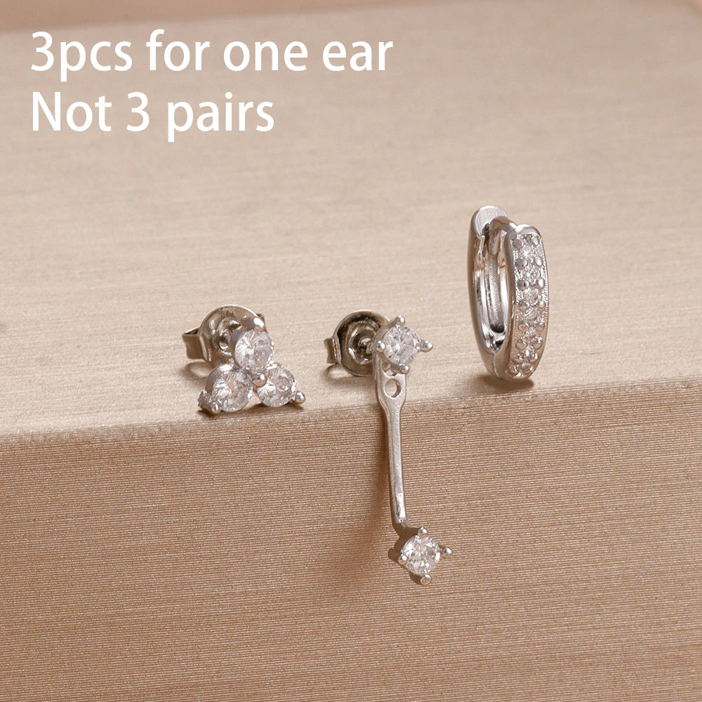 3PCS Fashion Simple Zircon Hoop Earrings Set Stainless Steel Punk