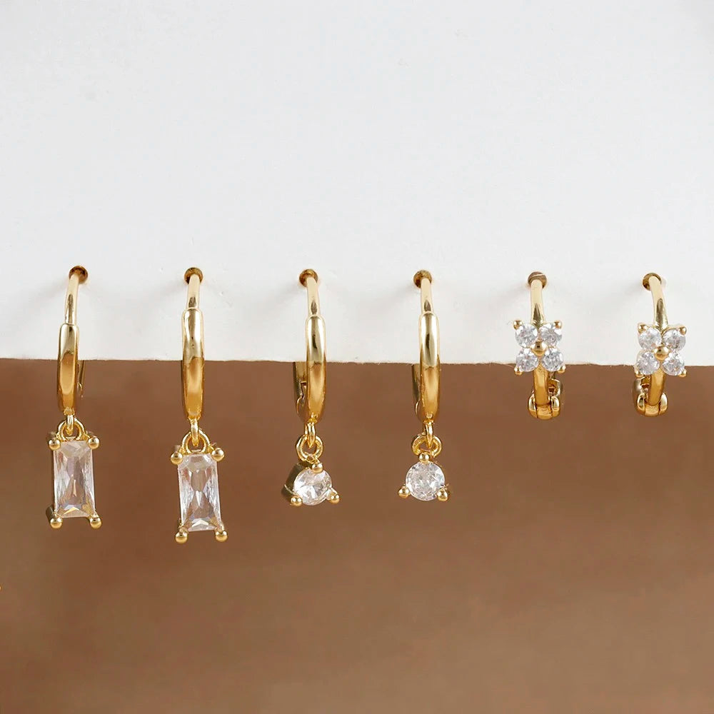 18K Gold Plated Green Zirconia Huggies Hoop Earrings Square Pendant