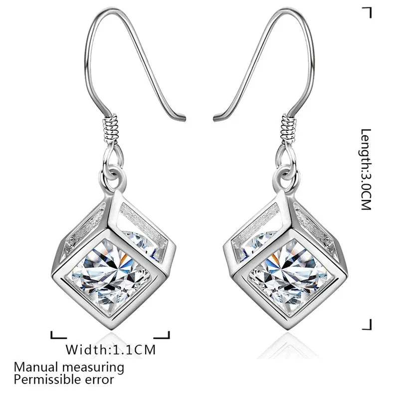 925 Sterling Silver 30mm Square Zircon Earrings Women Charm Wedding Jewellery