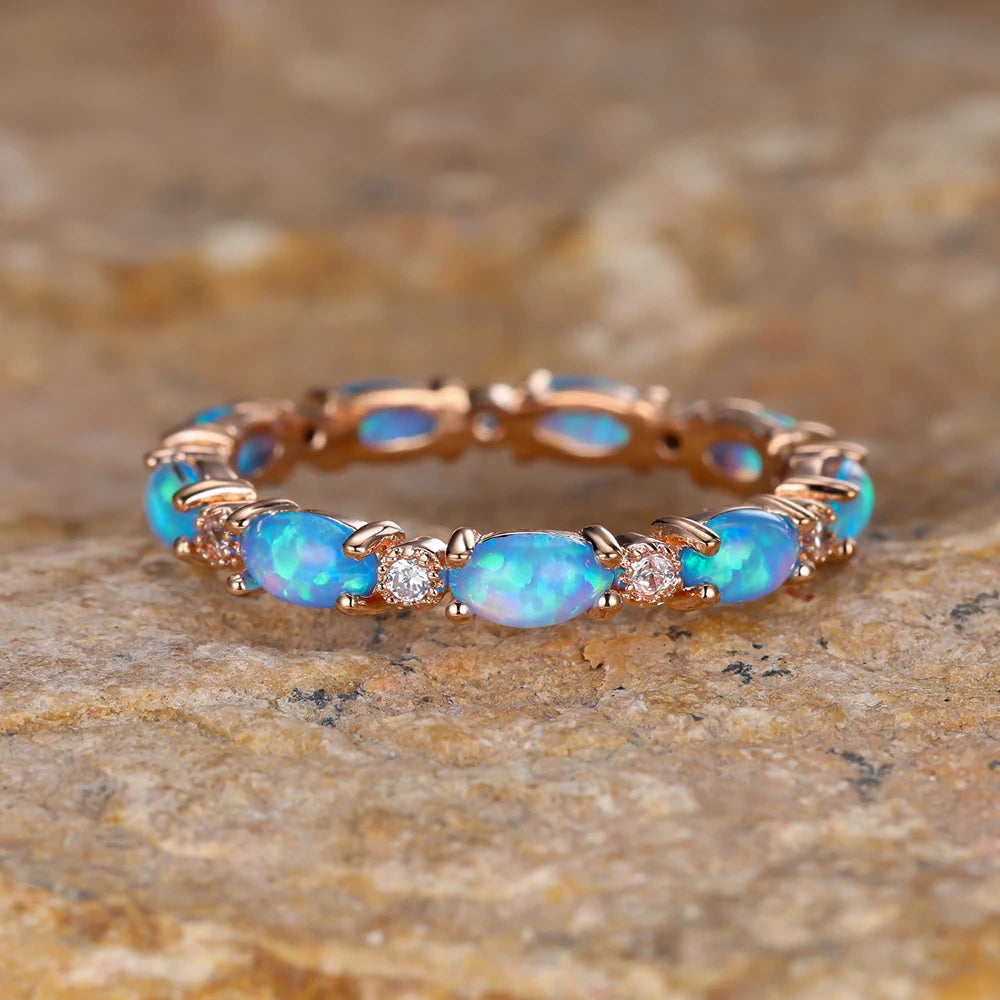 Bride Small Oval Stone Ring White Fire Opal Stacking Rings For Women Silver Gold Color Luxury Zircon Lover Wedding Bands Jewelry