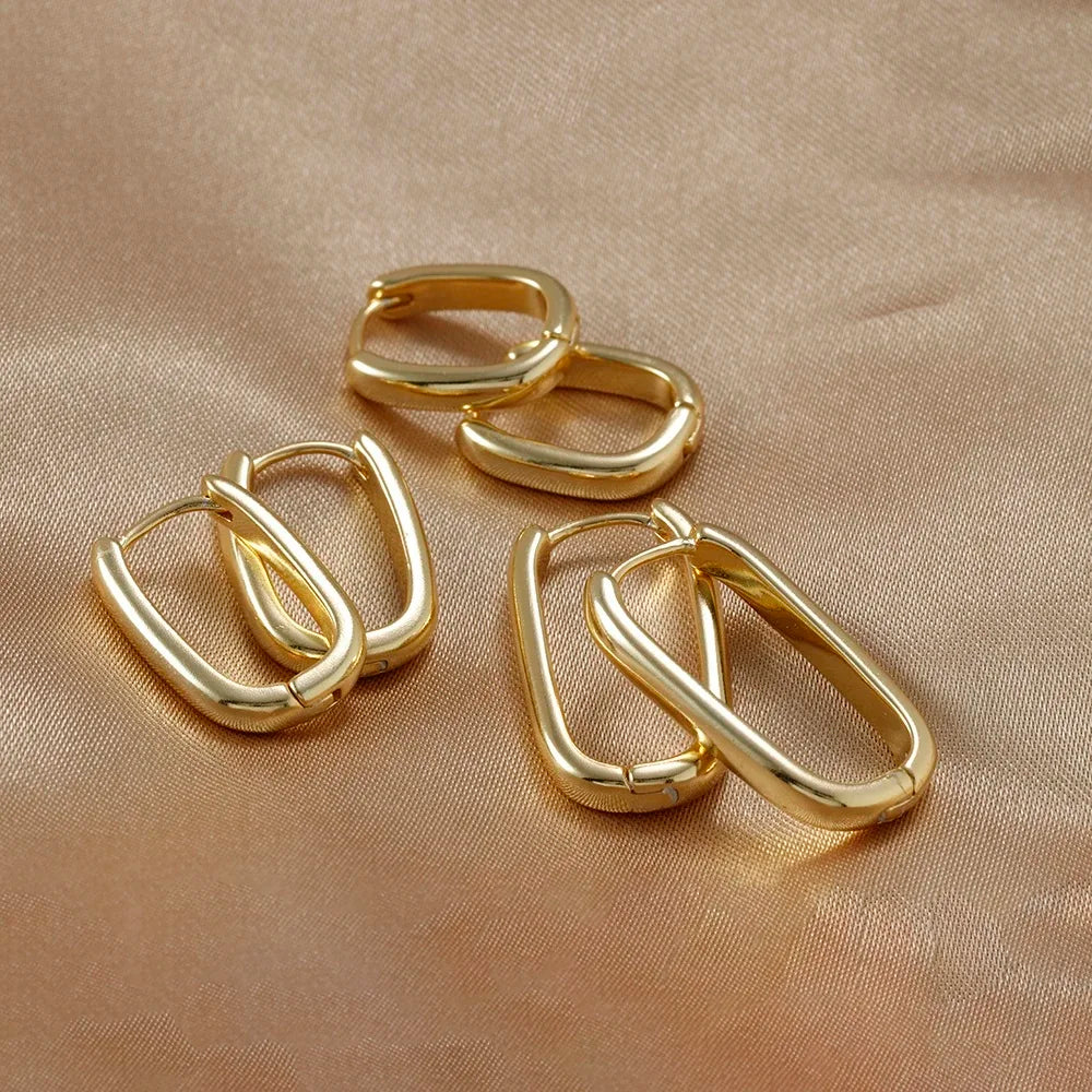 2PCS Gold Colour Square Stainless Steel Hoop Earrings Minimalist Punk