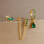 3PCS Gold Plated Chain Zircon Hanging Earrings Stainless Steel Flower