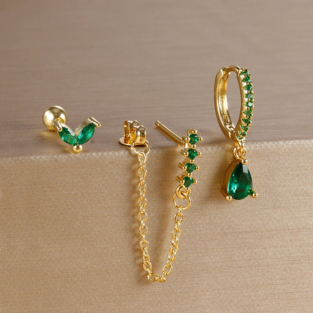 3PCS Gold Plated Chain Zircon Hanging Earrings Stainless Steel Flower