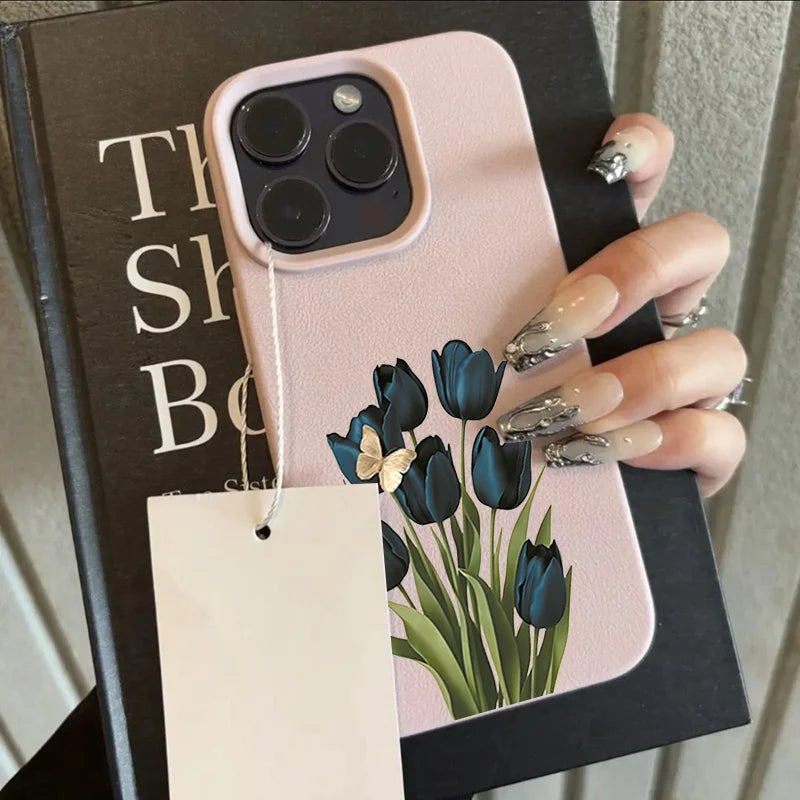 Blue Black Tulip Butterfly Lychee Case for iPhone 17 16 15 14 Pro