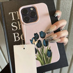 Blue Black Tulip Butterfly Lychee Case for iPhone 17 16 15 14 Pro