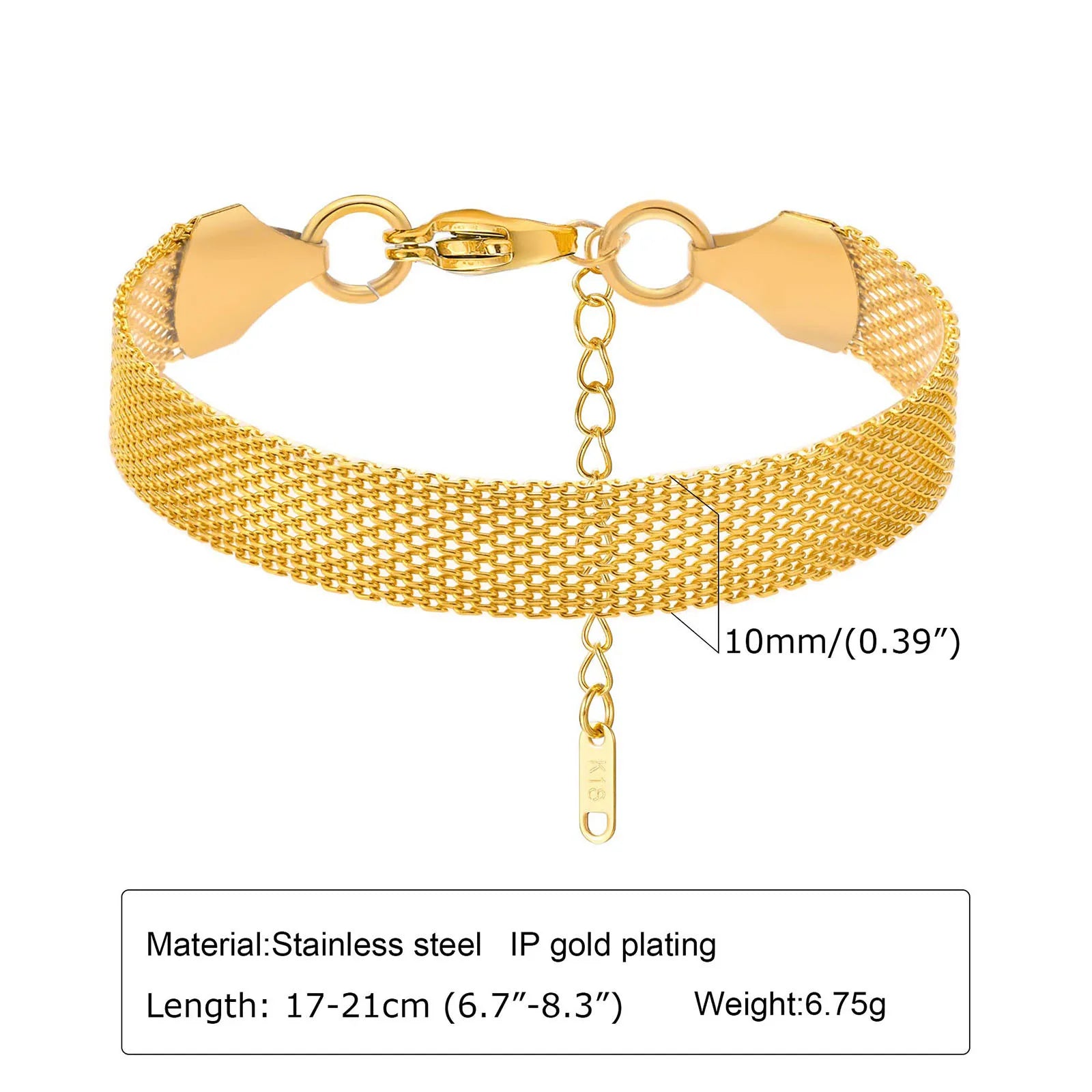 Stainless Steel Chain Women Bracelet, Wide Brand Mesh Link Adjustable Wristband, 18k PVD Gold Plated Vintage Jewelry