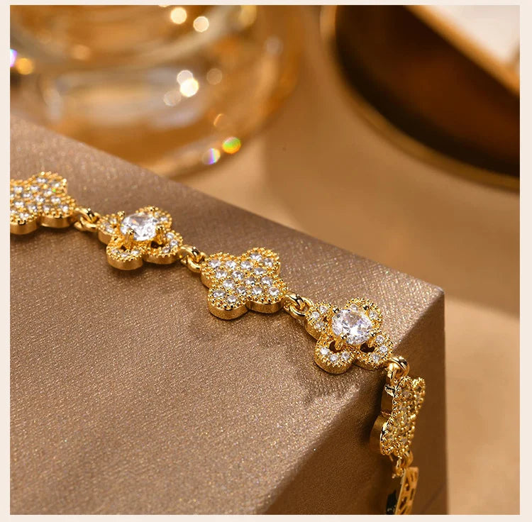 Cubic Zirconia Floral Bracelet for Women18k Gold Plated Link Statement Jewelry