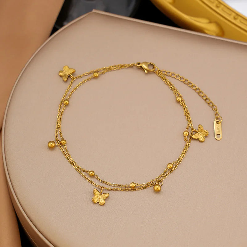 Flower Butterfly Heart Stainless Steel Charm Bracelet Gold Colour