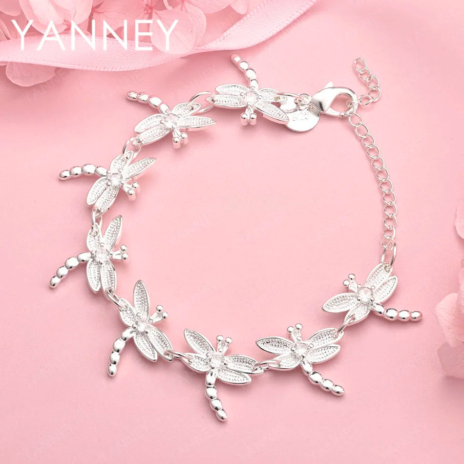 925 Sterling Silver 8-inch Dragonfly Bracelet Women Wedding Party Jewellery