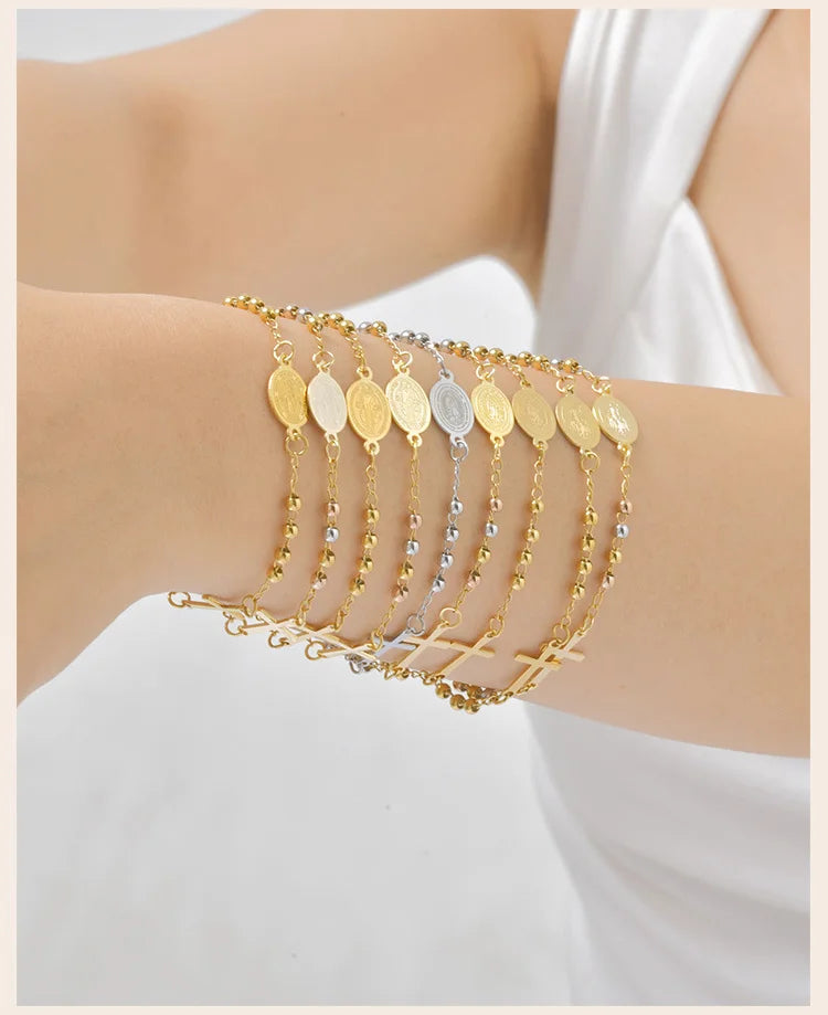 Stainless Steel Virgin Mary St Benedict Cross Bracelet, Bead Chain Bracelet Women Religious Jewelry