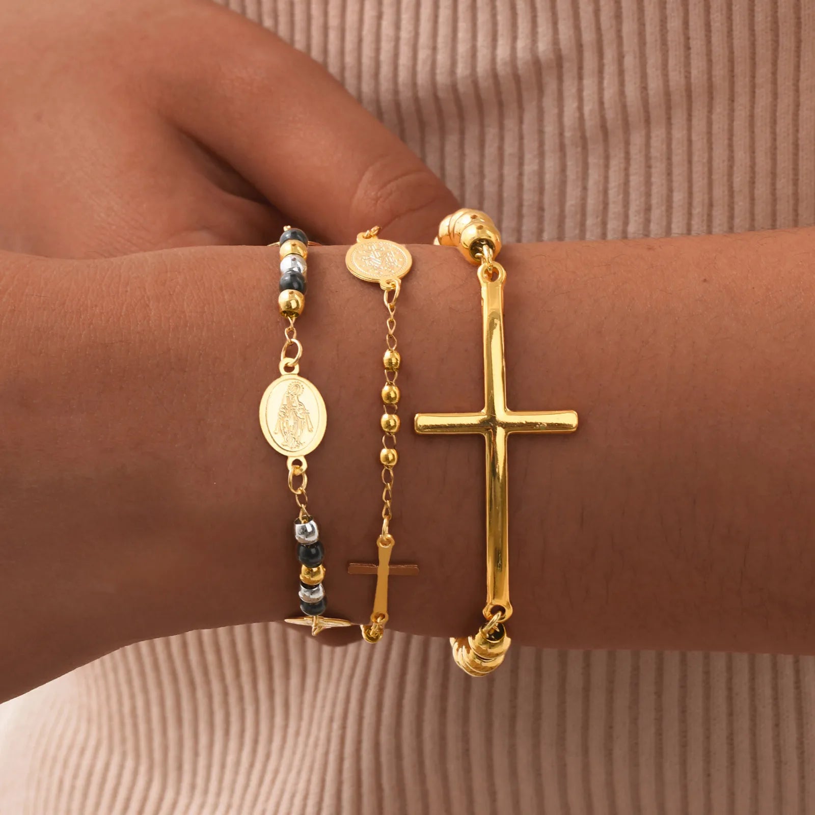 Beads Chain Virgin Mary Bracelet For Women, Stainles Steel Rosary Cross Bracelets, Gold Plated Faith Jewelry Gift