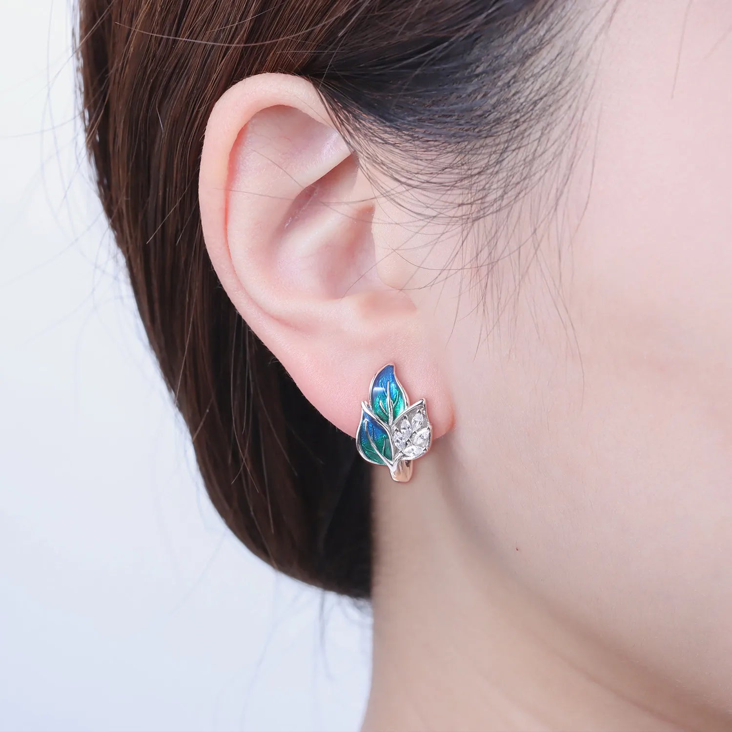 925 Sterling Silver Blue Leaf Plant Ear Studs Hoop Earrings Jewellery Gift