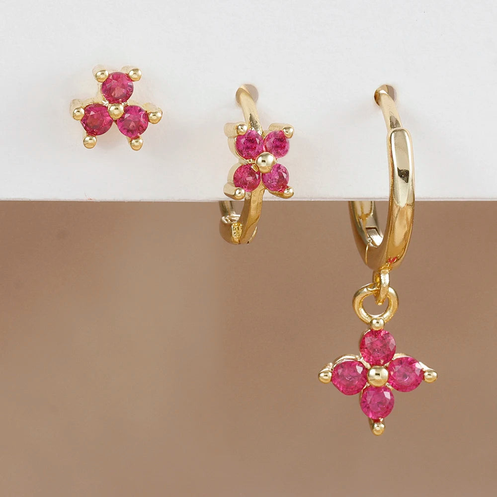 3PCS Stainless Steel Rose Red Zircon Flower Dangle Earring 18K Gold