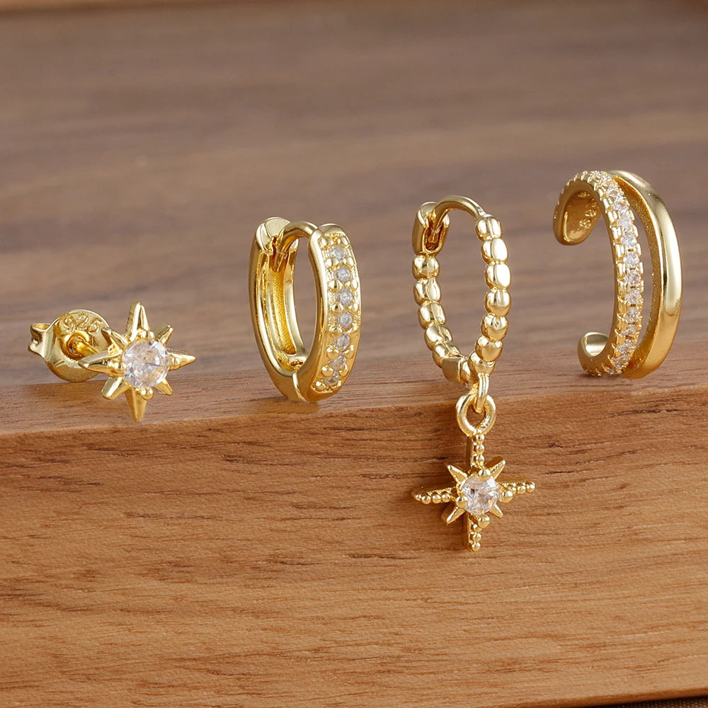 4pcs Stainless Steel Cubic Zirconia Star Dangle Earring Set Clips