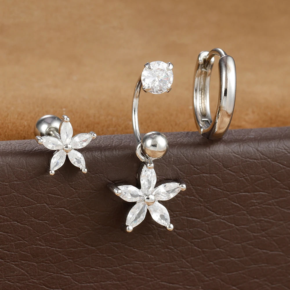 3pcs Stainless Steel Zircon Huggie Hoop Earrings Set Star Moon