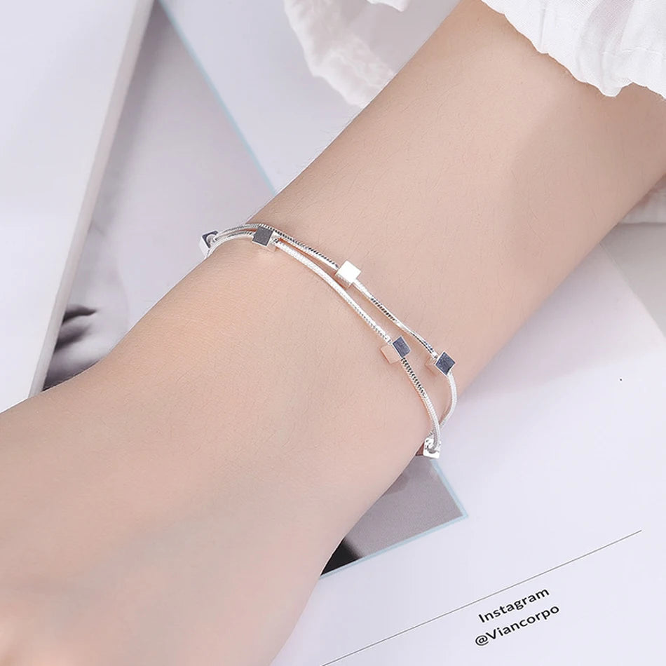 Classic Square Chain Bracelet 925 Sterling Silver Women Wedding Jewellery
