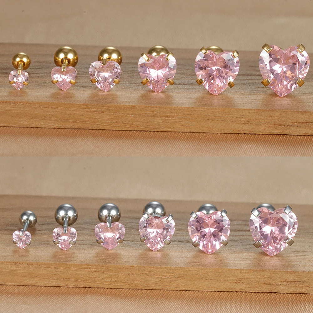 1PC Simple Pink Cubic Zirconia Heart Small Stud Earrings Steel