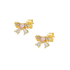 2PCS Pink Zircon Chain Tassel Bowknot Drop Earrings Sweet Pendant