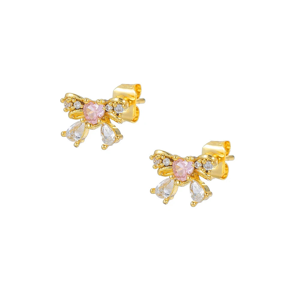 2PCS Pink Zircon Chain Tassel Bowknot Drop Earrings Sweet Pendant