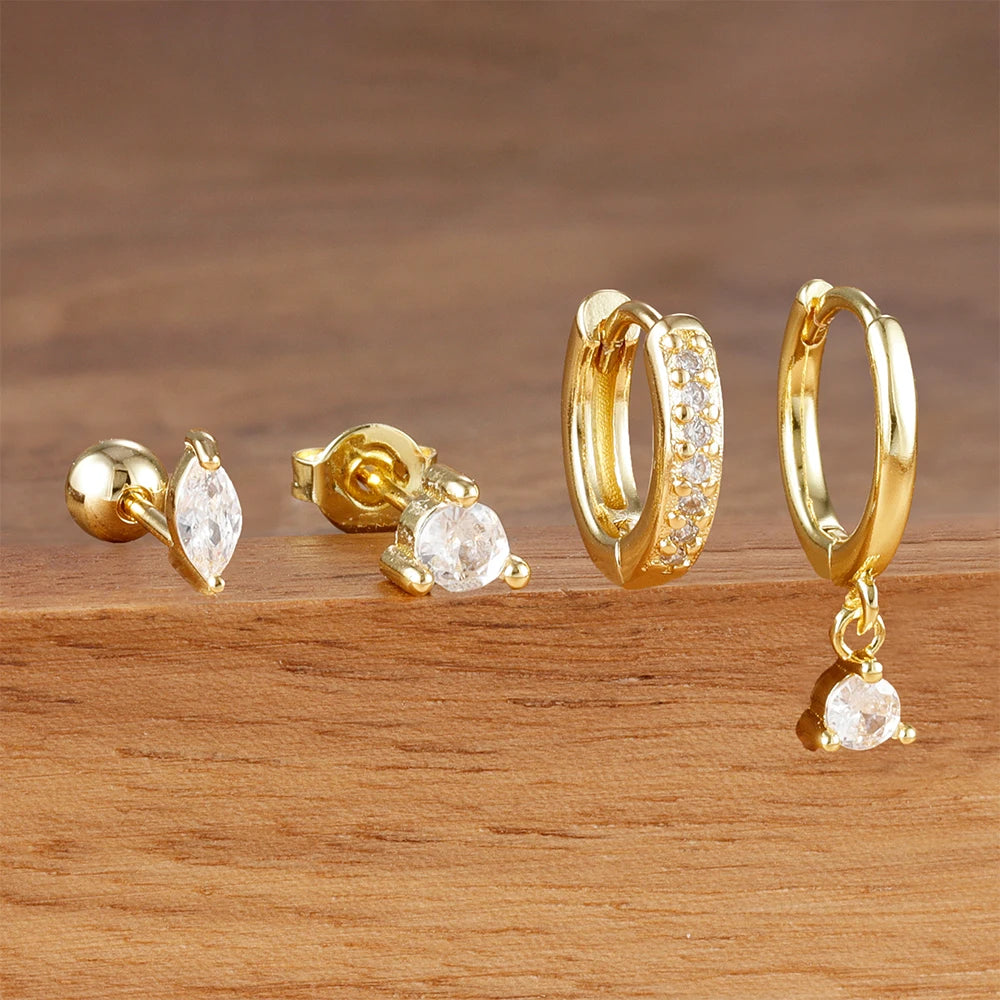 4pcs Round Pendant Earrings Set Stainless Steel Horse Eyes Zircon