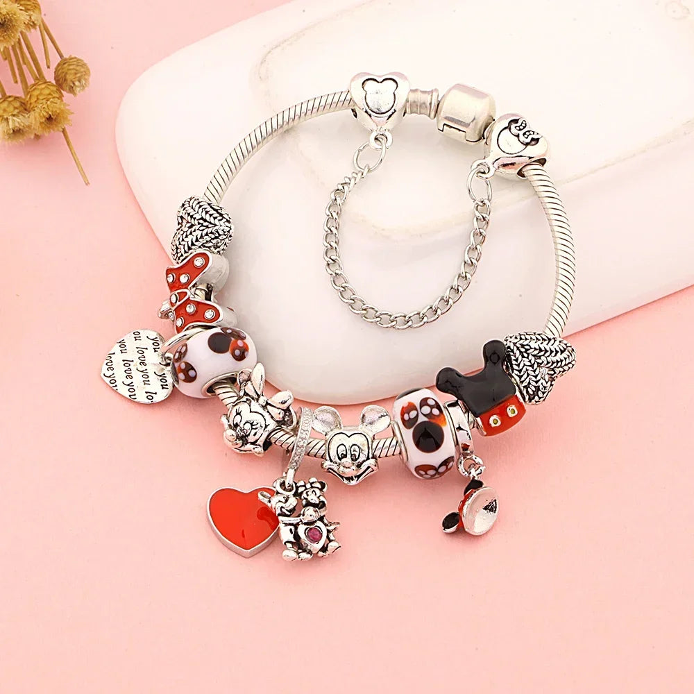 Red Black Enamel Bowknot Heart Pendant Bracelet Mickey Minnie Beads Gift