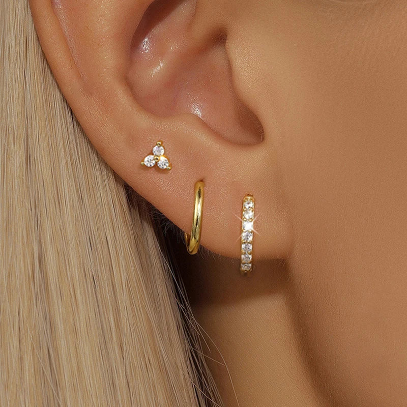 3PCS Sets Exquisite Flower Circle Hoop Earrings 14K Gold Plated