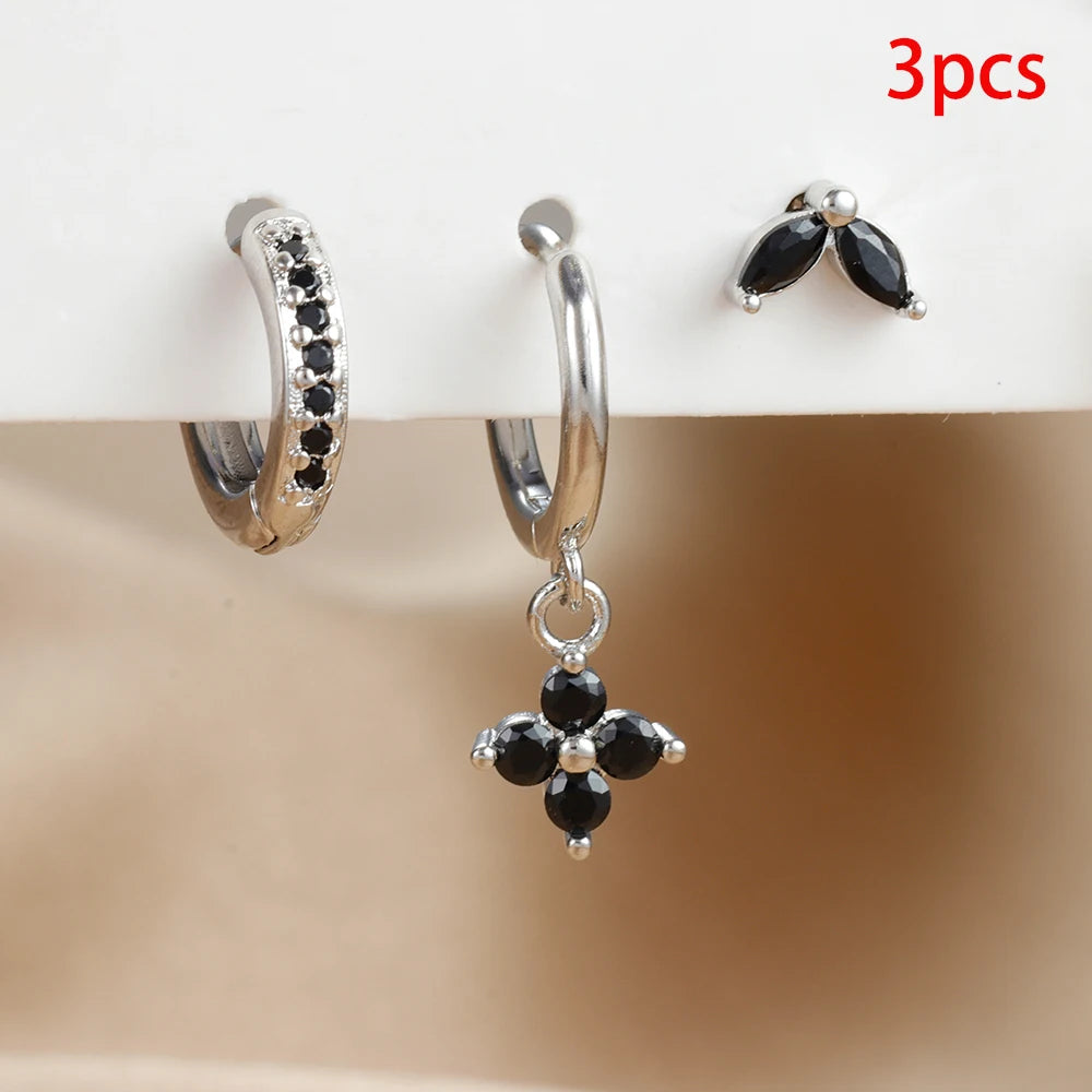 3PCS Exquisite Green Zircon Hanging Earrings Stainless Steel Flower