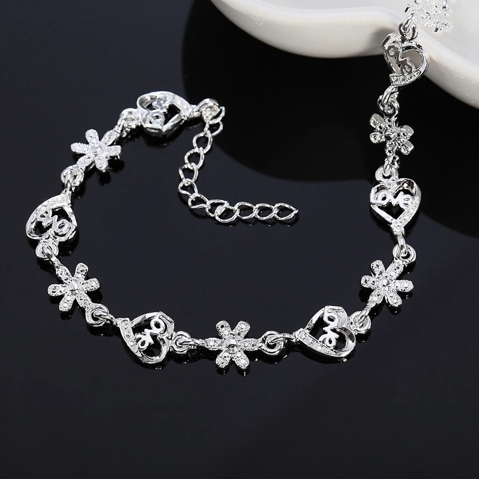 Crystal Heart Flower Chain Bracelet 925 Sterling Silver Romantic Wedding