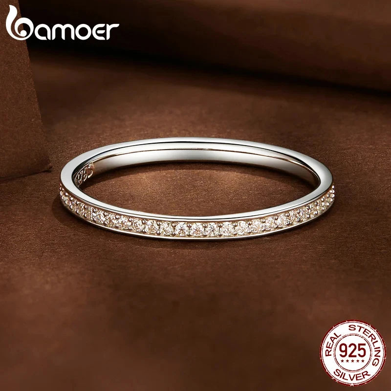 BAMOER Moissanite Wedding Band 925 Sterling Silver Eternity Rings Platinum Plated Lab Created Diamond Stackable Ring for Women
