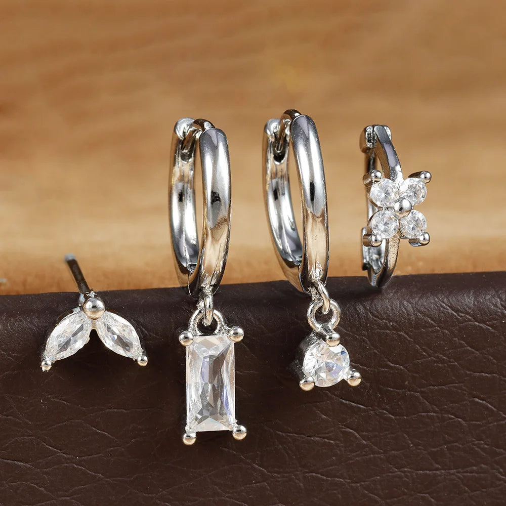 4PCS Stainless Steel Huggies Hoop Earrings Rose Red Crystal Zirconia