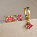 3PCS Fashion Orange Blue Zircon Hanging Earrings Stainless Steel Flower