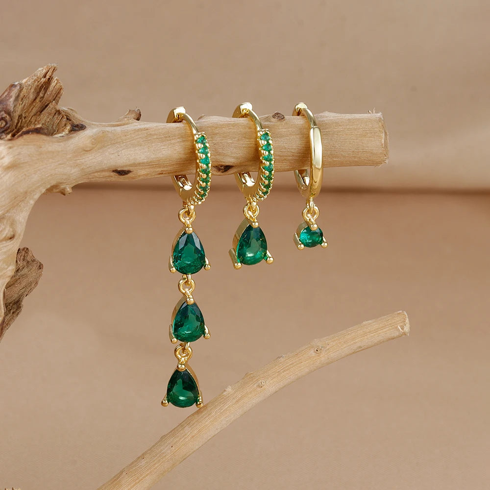 3PCS Exquisite Crystal Zirconia Water Drop Gold Colour Dangle Set