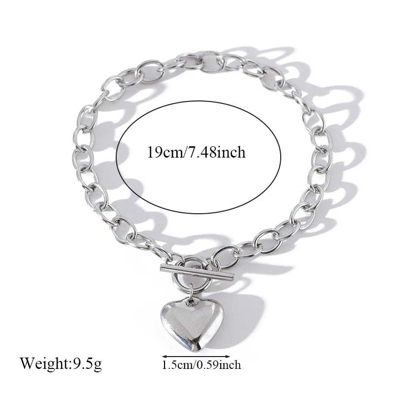 Stainless Steel Coins Heart Charm Bracelet Gold Silver Colour Wrist Chain