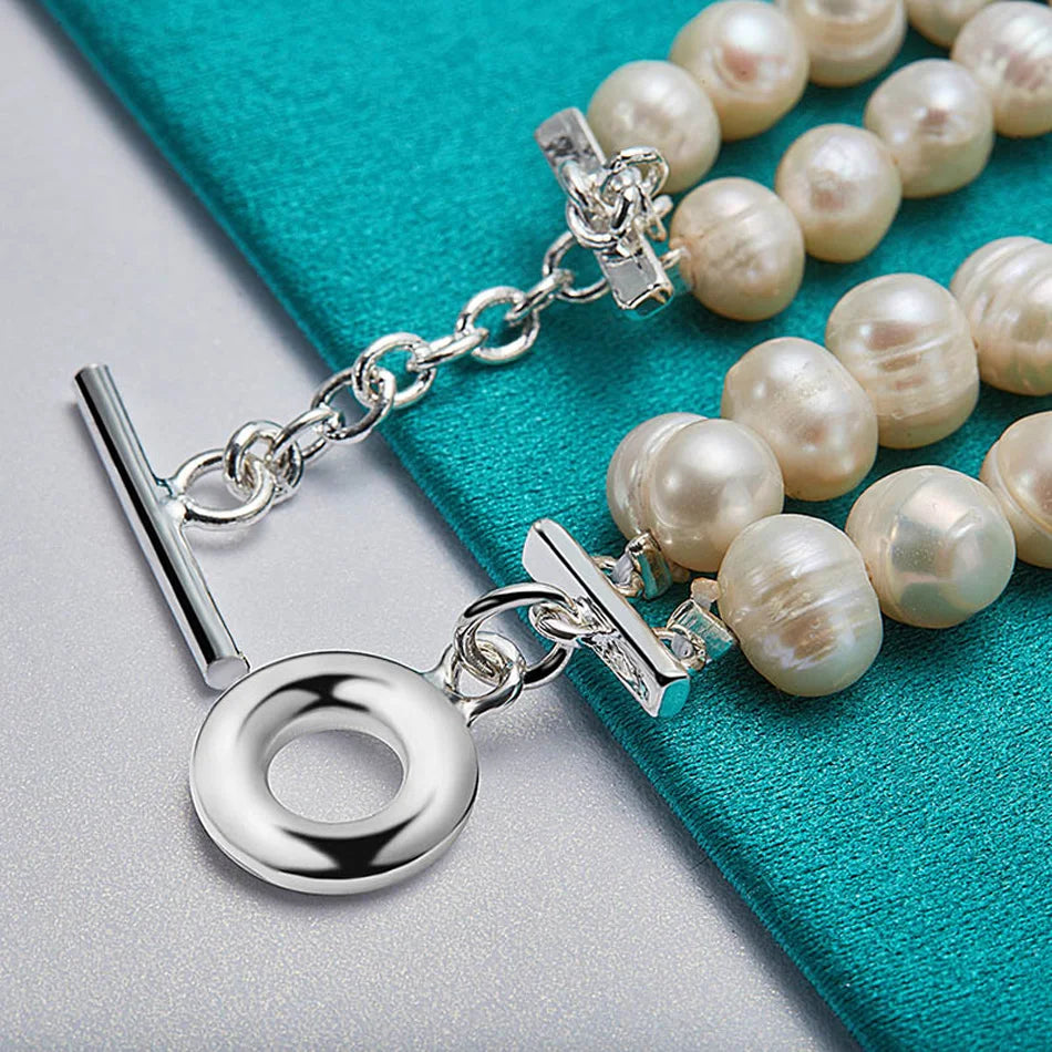 Natural Freshwater Pearl Chain Bracelet 20cm 925 Sterling Silver Wedding Gift