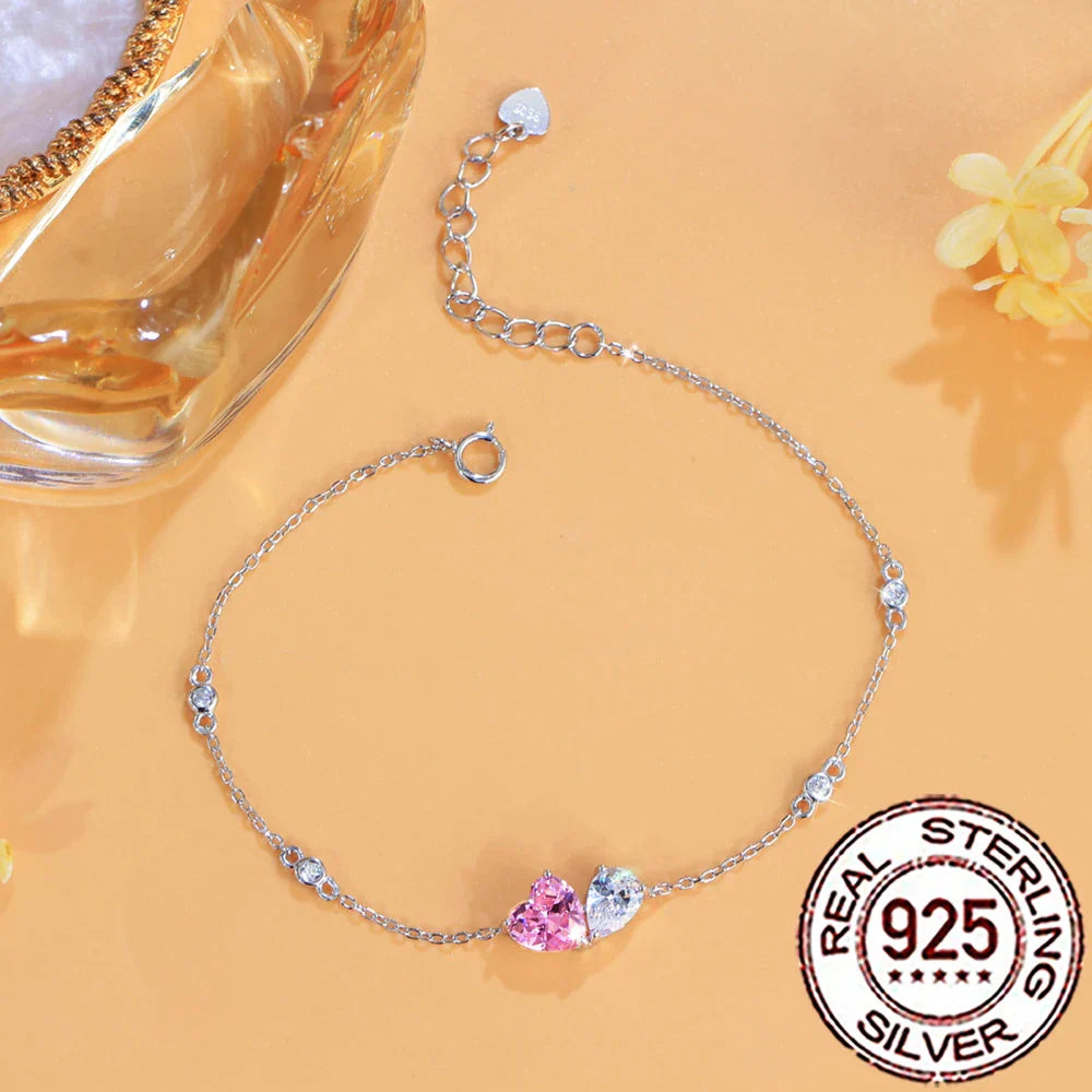 QooLady S925 Sterling Silver Sweet Shiny Pink Cubic Zircon Love Heart Shape Bracelet for Women Wedding Party Fine Jewelry SB036