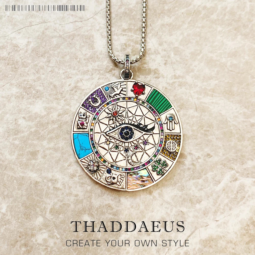 Magical Lucky Symbols Amulet Necklace 925 Sterling Silver Wheel of Fortune