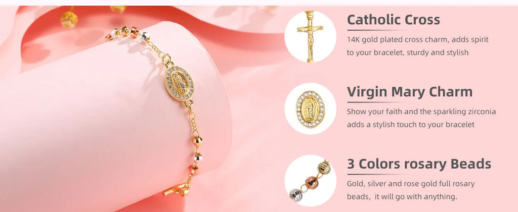 Rosary Beads Virgin Mary Cross Bracelet, Catholic Crucifix Bracelets Women Gift,Baptism Confirmation Communion Christian Jewelry