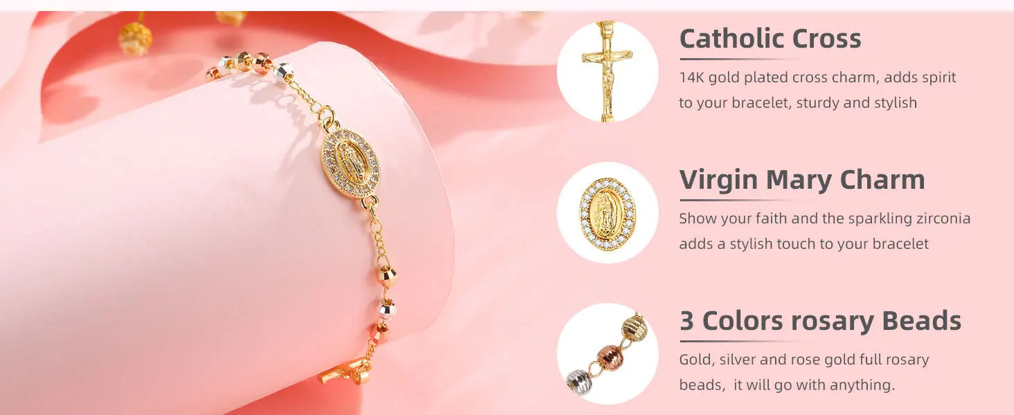 Rosary Beads Virgin Mary Cross Bracelet, Catholic Crucifix Bracelets Women Gift,Baptism Confirmation Communion Christian Jewelry
