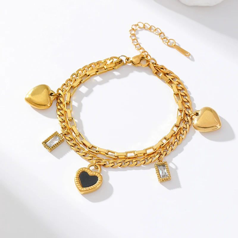Reversible Heart Stainless Steel Charm Bracelet 18K Gold Plated Waterproof