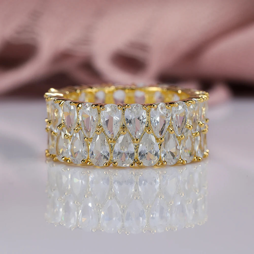 Luxury Female Crystal White Water Drop Zircon Stone Engagement Ring Cute Yellow Gold Color Wedding Jewelry For Women