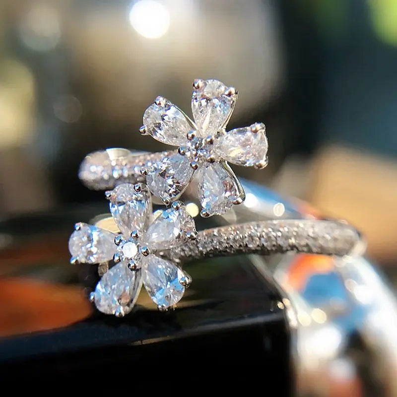 925 Sterling Silver Aesthetic Flower Adjustable Finger Ring Brilliant Zirconia Engagement Accessory