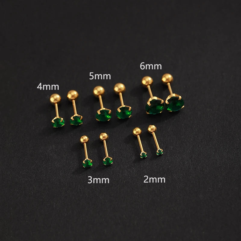 2PC Luxury Green Zircon 4 Claw Stud Earrings Body Piercing Jewelry