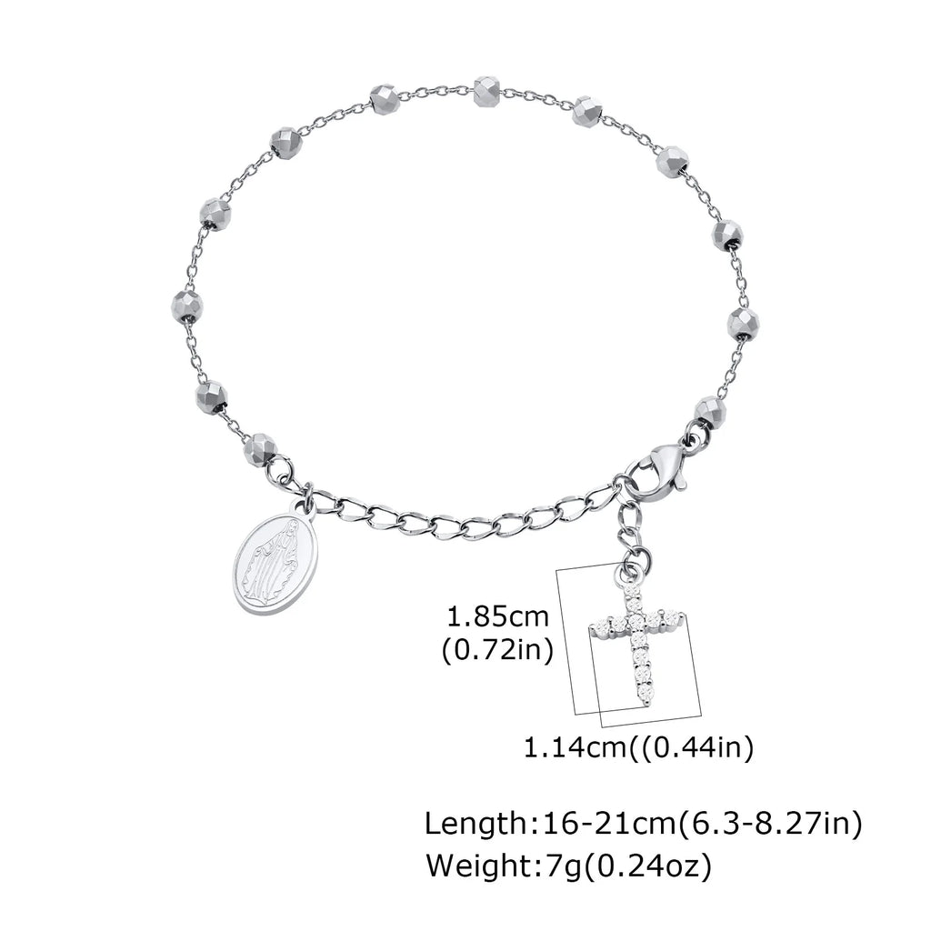 Charm Cubic Zirconia Cross Rosary Bracelet for Women, Stainless Steel  Mary Adjustable Link, Religious Jewelry Gift