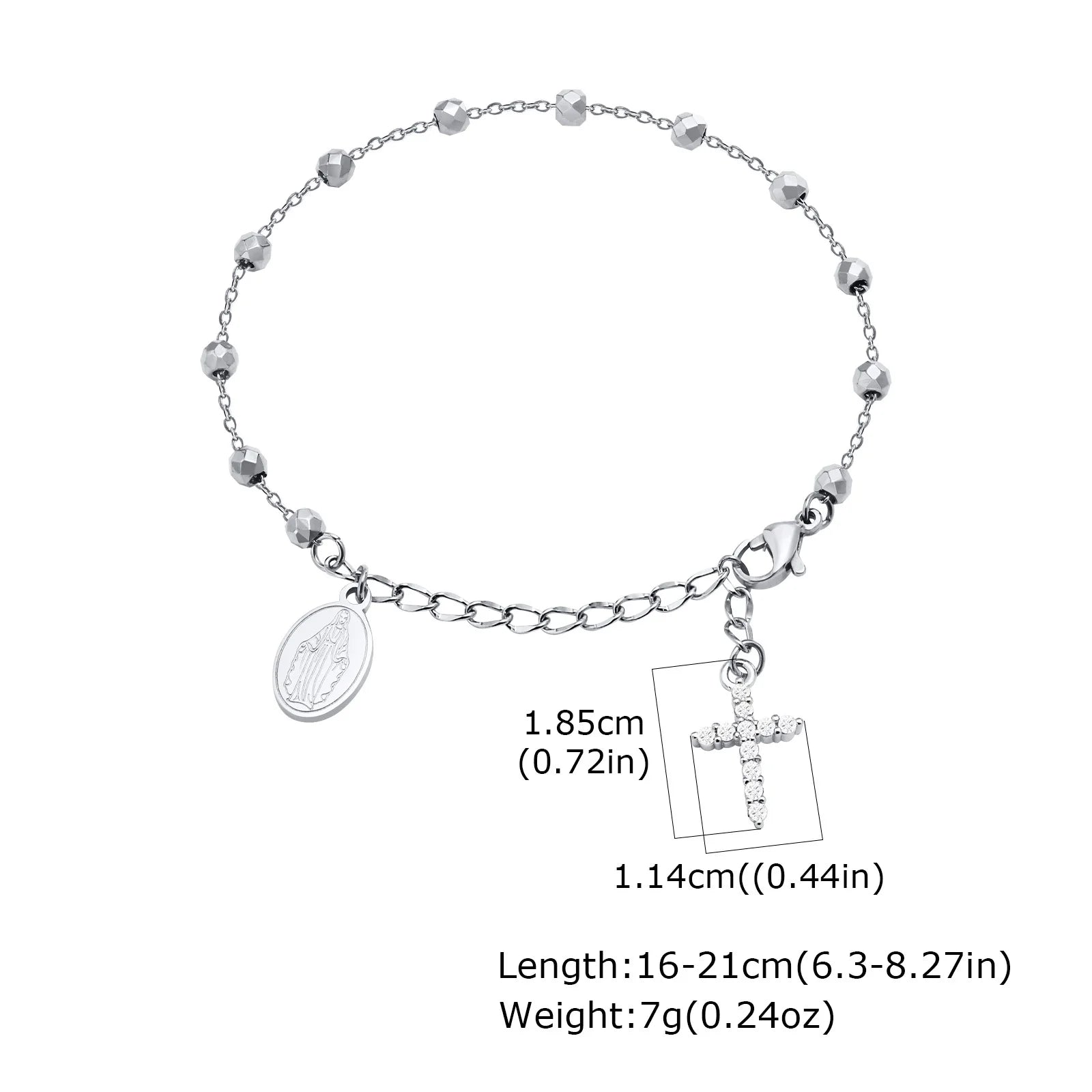 Charm Cubic Zirconia Cross Rosary Bracelet for Women, Stainless Steel  Mary Adjustable Link, Religious Jewelry Gift