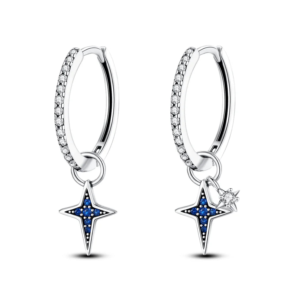 925 Sterling Silver Star Moon Sun Tassel Versatile Hoop Earrings Fine Gift