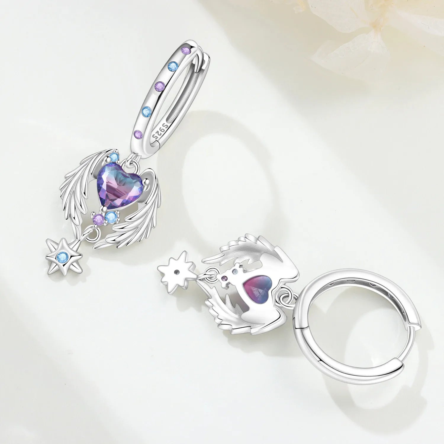 925 Sterling Silver Wings Guardian Love Heart Drop Earrings Trendy Jewellery
