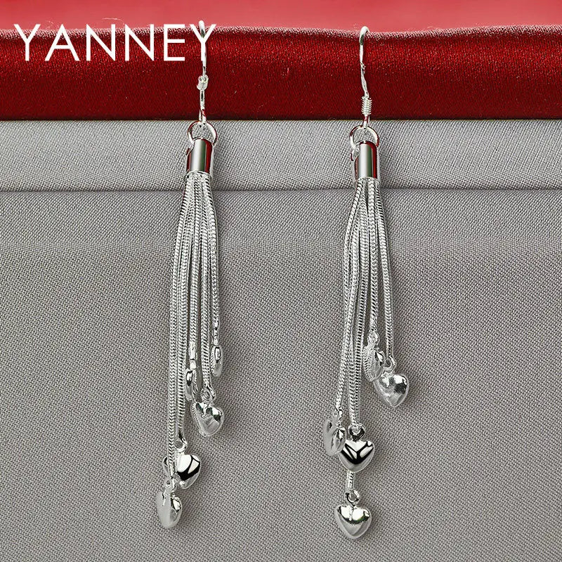 925 Sterling Silver 70mm Tassel Heart Earrings Women Fashion Girlfriend Gift