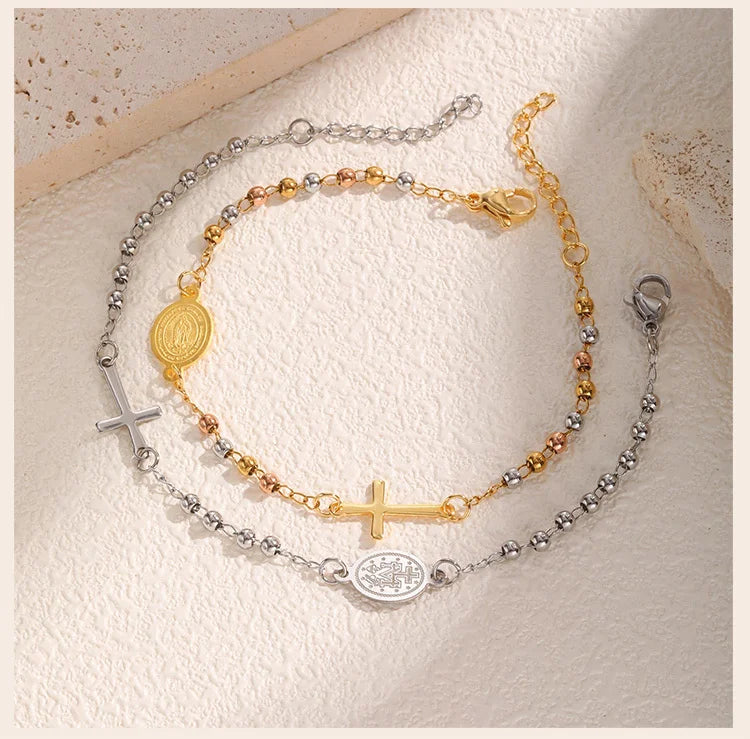 Stainless Steel Virgin Mary St Benedict Cross Bracelet, Bead Chain Bracelet Women Religious Jewelry