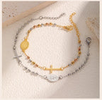 Stainless Steel Virgin Mary St Benedict Cross Bracelet, Bead Chain Bracelet Women Religious Jewelry