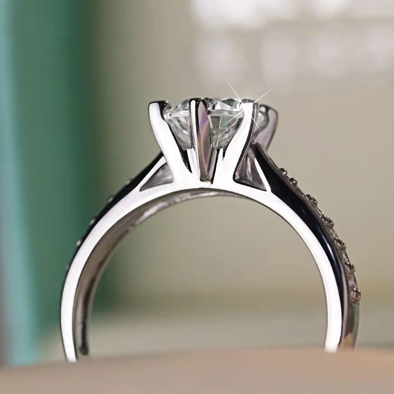 925 Sterling Silver Luxury Classic Six Claw Ring Simple Imitation Diamond Engagement Wedding Gift